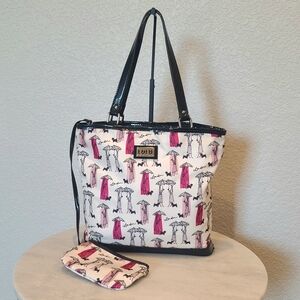 Lulu Guinness London Tote White Pink Black Dog Walkers Scotties + Coin Purse